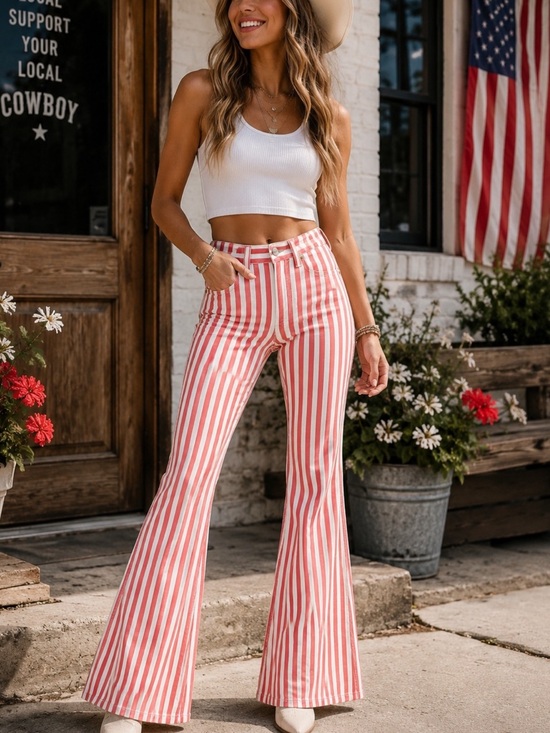 Wrangler Denim - Wrangler Wanderer Pink striped Flare Jeans High Rise size 33 x 30
